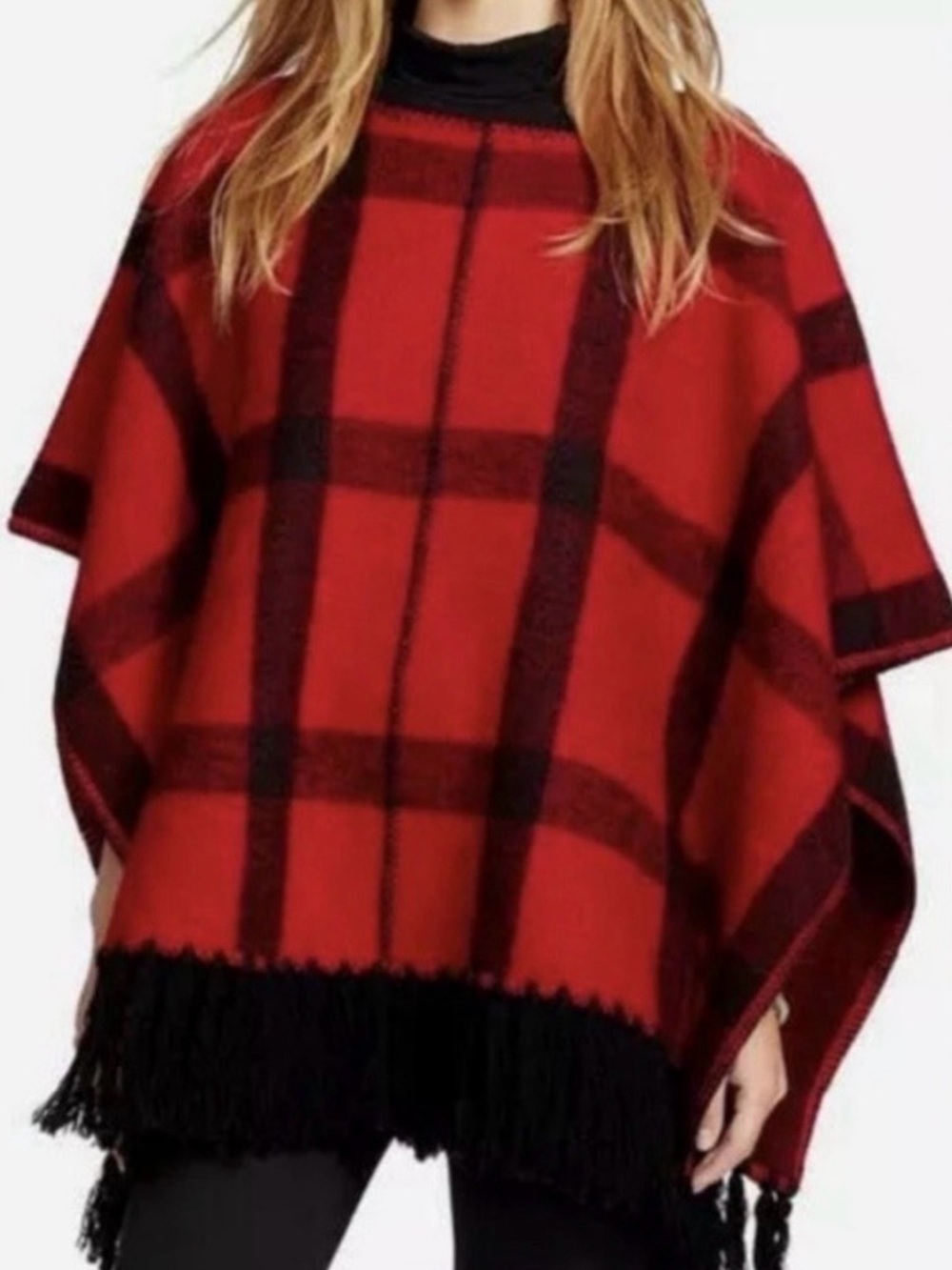 Polo by Ralph Lauren Red and Black Plaid Fringe Poncho Cape
